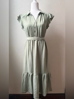 Lucky Brand Sage Green Midi Dress Elastic Waist Button Front Size Medium